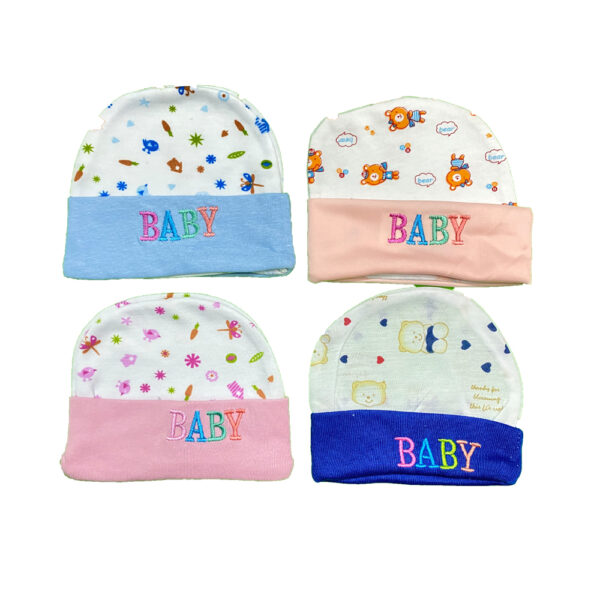 Pack of 4 New Born Baby Boy/Girls Hats in Cotton Cartoon Printed 0-6 Months Unisex Soft Solid Color Infant Accessories With Embroidery - Image 2