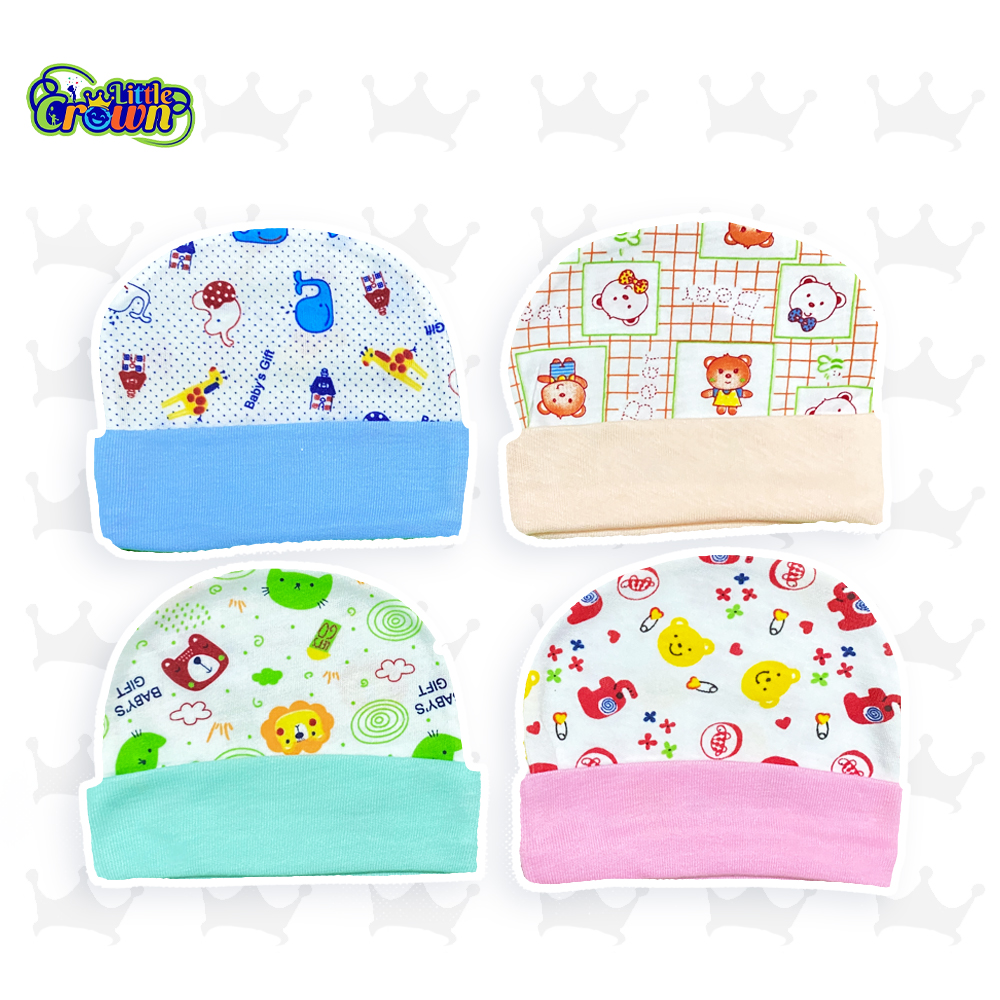 Pack of 4 New Born Baby Boy/Girls Hats in Cotton Cartoon Printed 0-6 Months Unisex Soft Solid Color Infant Accessories - Simple