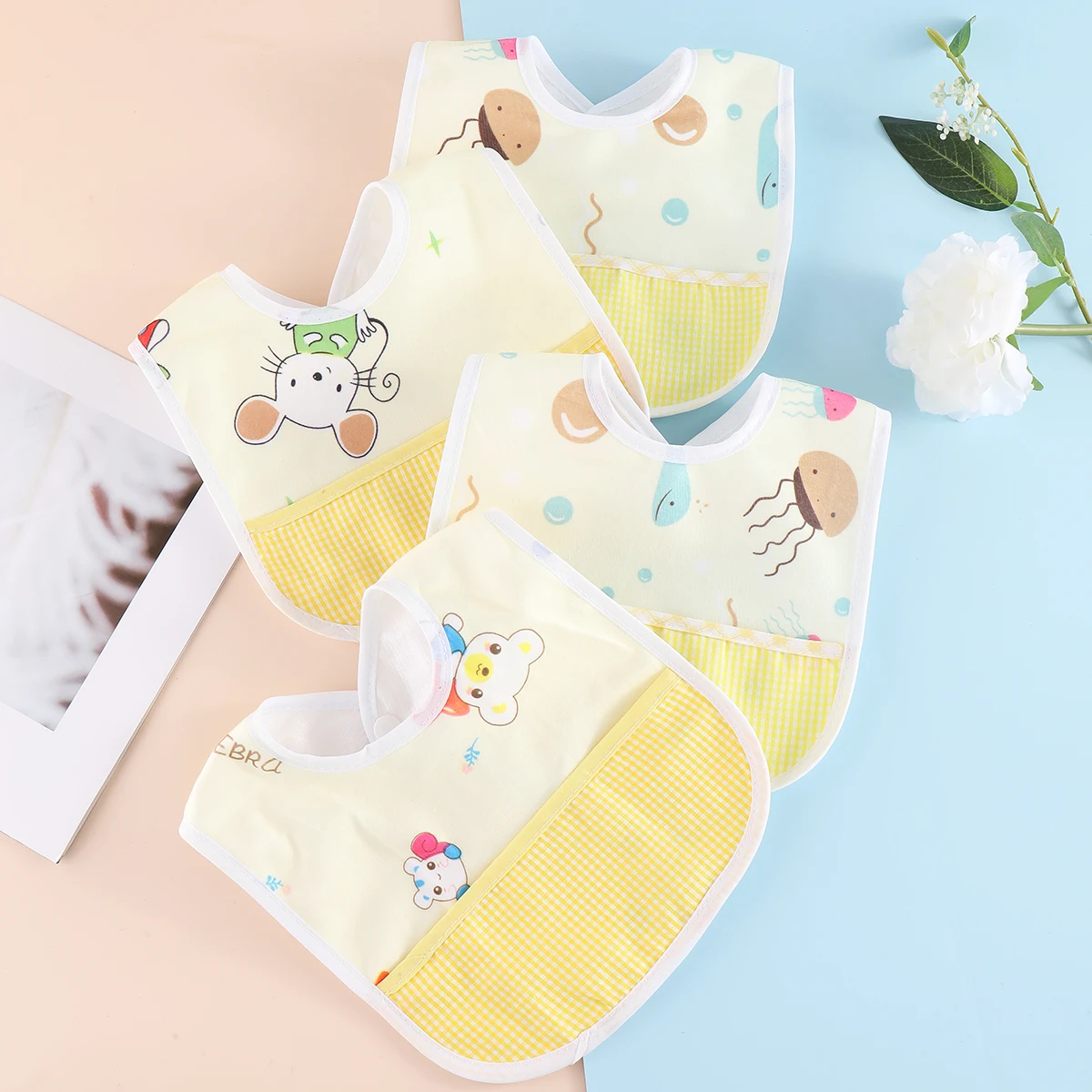Pack Of 4 Baby Bib Cotton Bib Newborns Bibs Baby accessories for Boys Girls Baby Stuff - With Pocket - Image 7