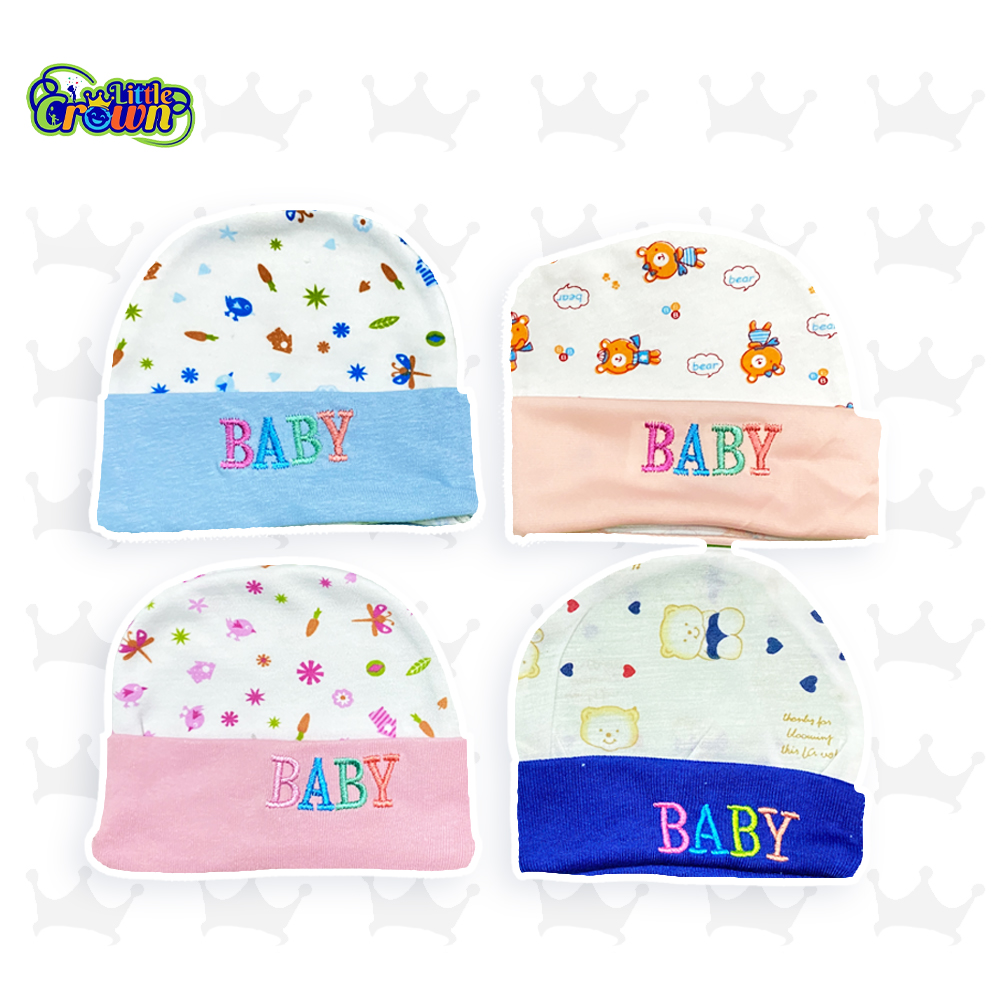 Pack of 4 New Born Baby Boy/Girls Hats in Cotton Cartoon Printed 0-6 Months Unisex Soft Solid Color Infant Accessories With Embroidery