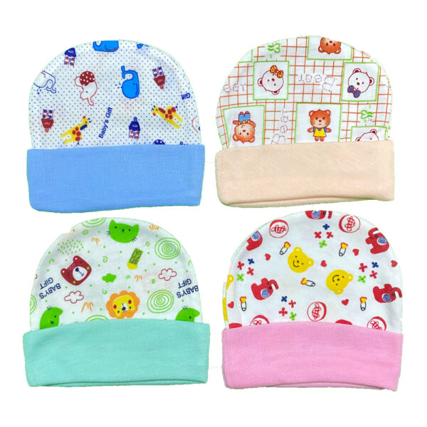 Pack of 4 New Born Baby Boy/Girls Hats in Cotton Cartoon Printed 0-6 Months Unisex Soft Solid Color Infant Accessories - Simple - Image 2